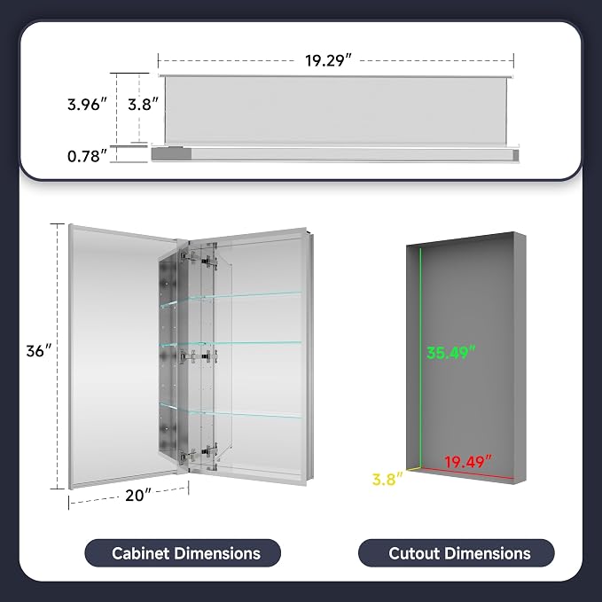 Medicine Cabinet 20" x 36", Bathroom Medicine Cabinet - Image 2