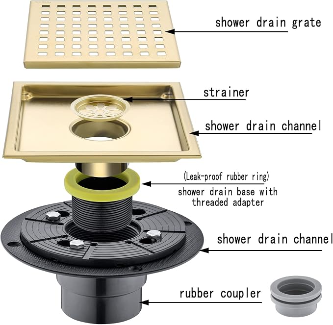 RANDOM Brushed Gold Shower Drain Square 6 Inch Shower Drain Cover Kit - Image 3