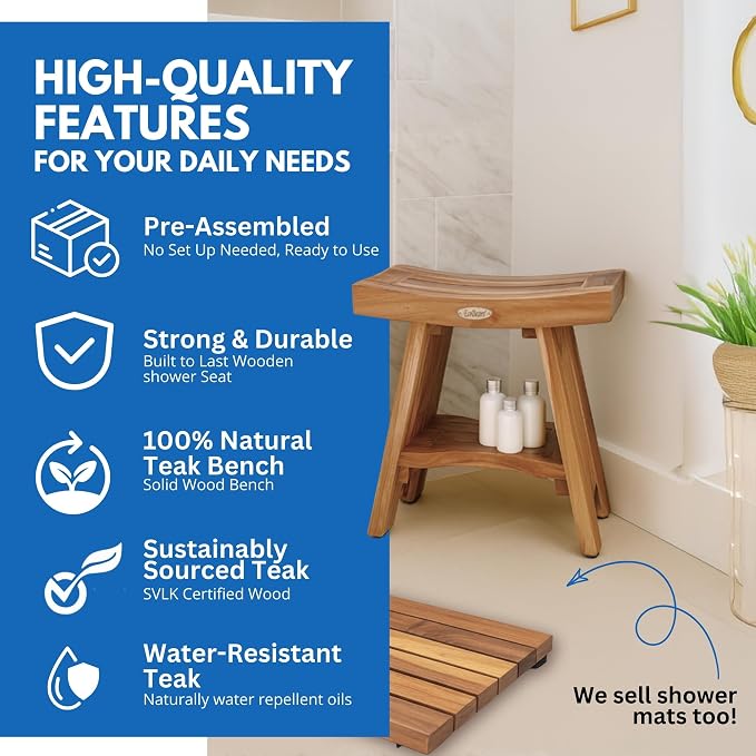 EcoDecors Fully Assembled, Serenity 18" Teak Shower Bench, - Image 3