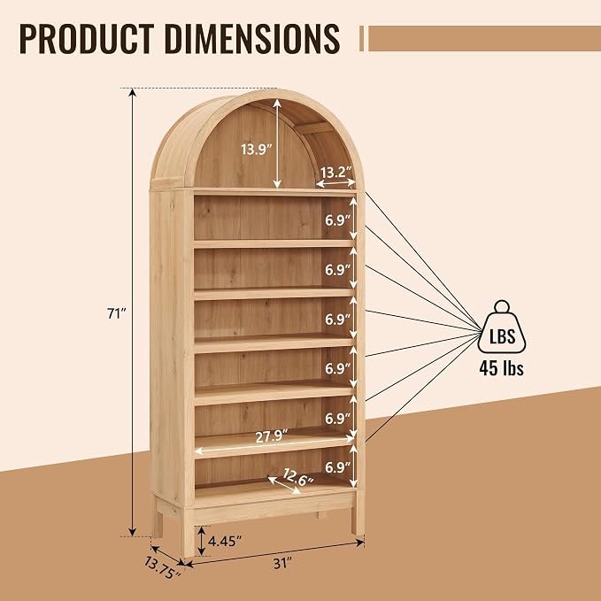 71" Tall Arched Bathroom Storage Cabinet, 7-Tier Modern Farmhouse Storage - Image 2