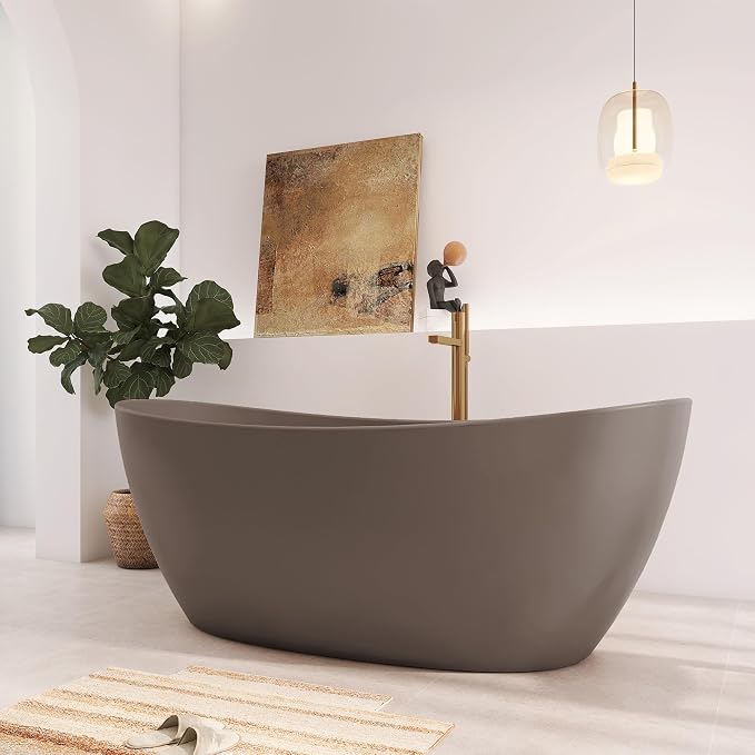 65" Premium Solid Surface Freestanding Bathtub, Contemporary Design Stand Alone - Image 4