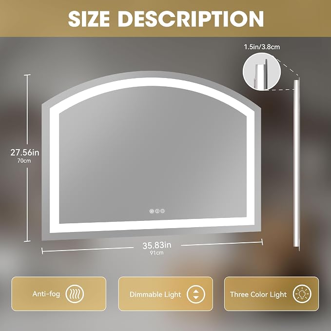 Hasipu 36" x 28" Arch LED Bathroom Mirror, Frontlit Wall-Mounted Vanity Mirror - Image 2