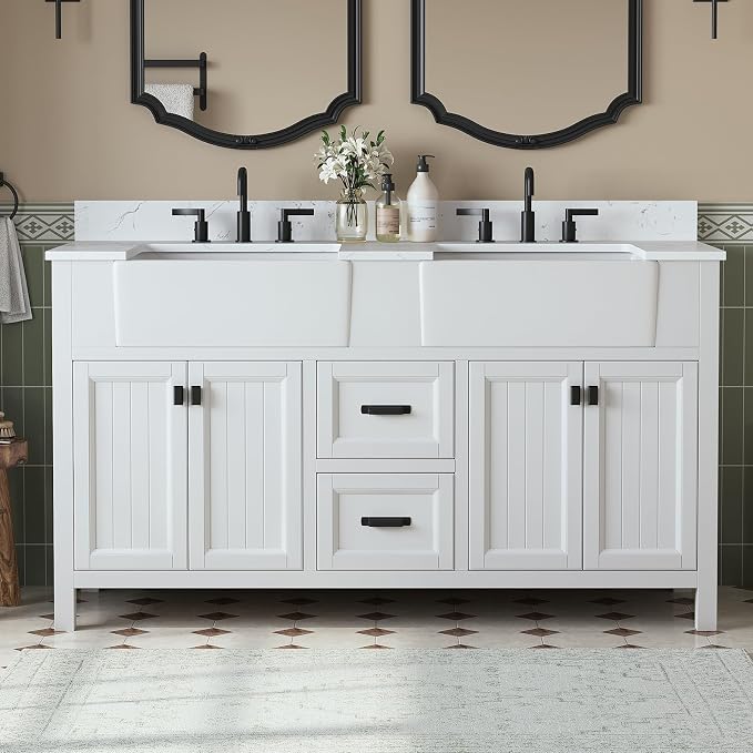 60 Inch Bathroom Vanity with Double Sink, Farmhouse Bathroom Sink Cabinet with by DELUXELIVING