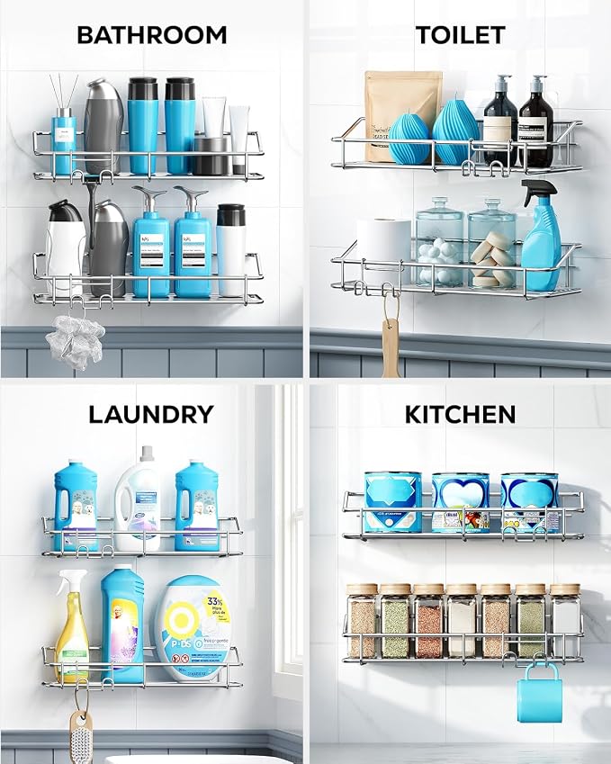Nieifi Shower Caddy Shelf with Hooks Storage Rack Organizer Adhesive Stainless - Image 7