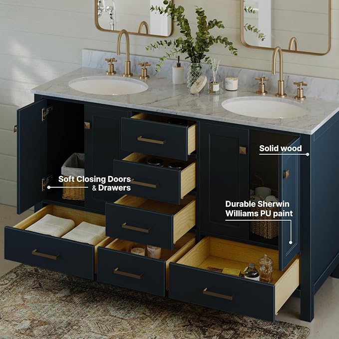 ARIEL Cambridge 61 Inch Midnight Blue Bathroom Vanity Double Sink, Solid Wood - Image 5