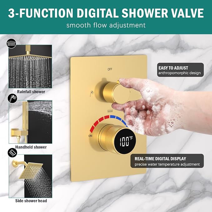 Digital Shower Valve 3 Way Diverter Temperature Display Shower Mixer 3-Function - Image 3