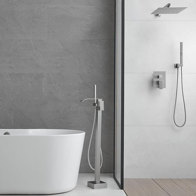 RUMOSE Tub Filler Freestanding Bathtub Faucet Brushed Nickel Floor Mount Tub - Image 6