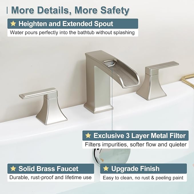 Waterfall Tub Faucet Brushed Nickel Bathtub Faucet 3 Hole, Brass High Pressure - Image 4
