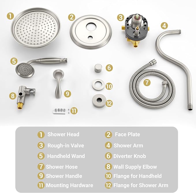 DASAN Brushed Nickel Rain Shower System Complete Antique Shower Faucet Sets - Image 7