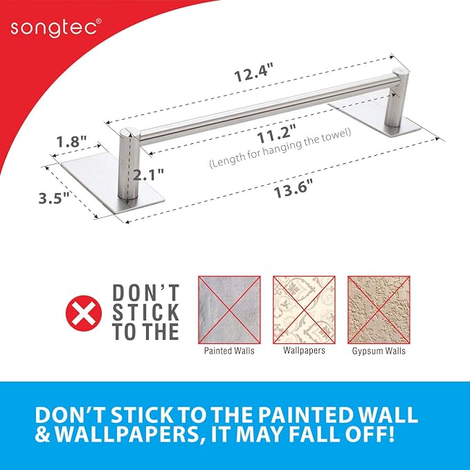 Songtec Adhesive Towel Bar 12inch Brushed, Stick On Bath Towel Rack Easy Install - Image 4