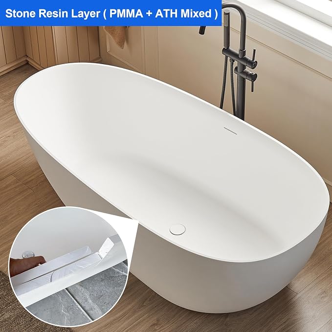 Cpingao 67" Stone Resin Freestanding Bathtub, Egg Shell Solid Surface Soaking - Image 2