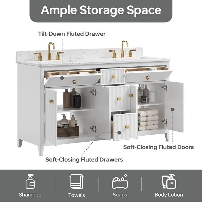 60 Inch Bathroom Vanity with Double Sink, Solid Wood Frame Bathroom Sink - Image 6