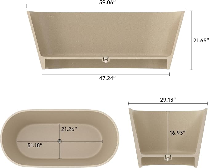 Stone Resin Freestanding Bathtub 59", Terrazzo Bathtub Soaking Tub, Solid - Image 4