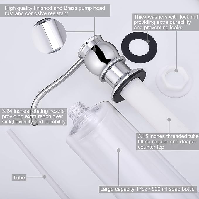 Samodra Kitchen Sink Soap/Lotion Dispenser, Brass Pump Head Chrome Finish 12 OZ - Image 3