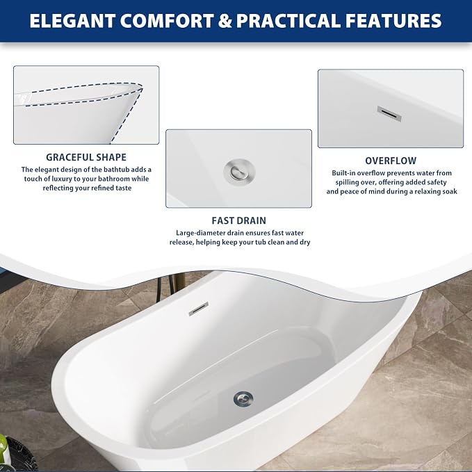 Sarlai 67 Inch Acrylic Freestanding Soaking Bathtub Contemporary Soaking White - Image 8