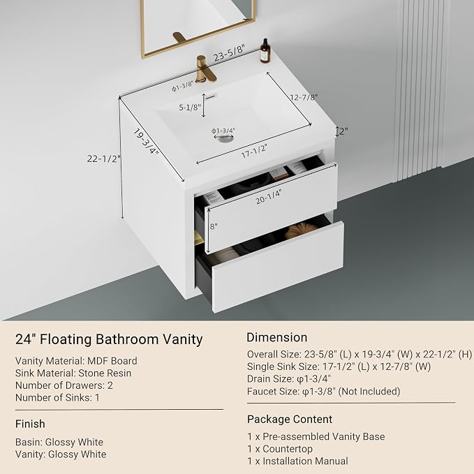 Modern 24" Wall-Mounted Bathroom Vanity - Image 2