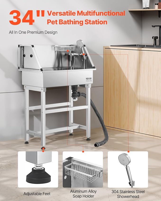 VEVOR Professional Dog Washing Station, 34 Inch Stainless Steel Pet Grooming Tub - Image 2