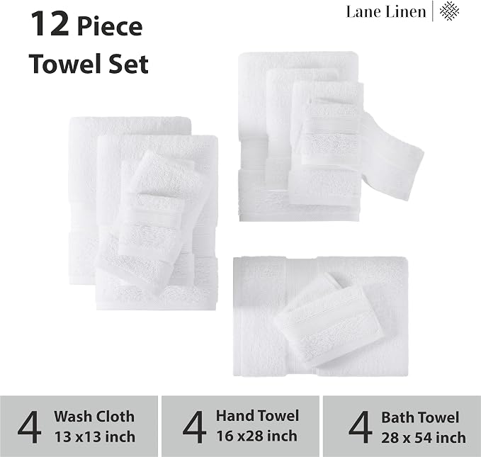 LANE LINEN 100% Mercerized Cotton Bath Towels Set of 12 – Zero Twist, 4 Bath - Image 3