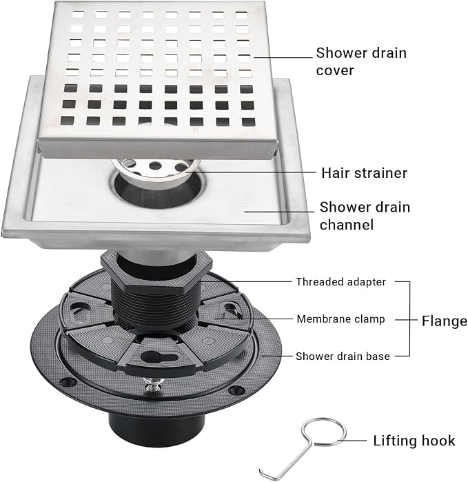 6 Inch Square Shower Floor Drain, Stainless Steel Black Shower Drain Kit - Image 3