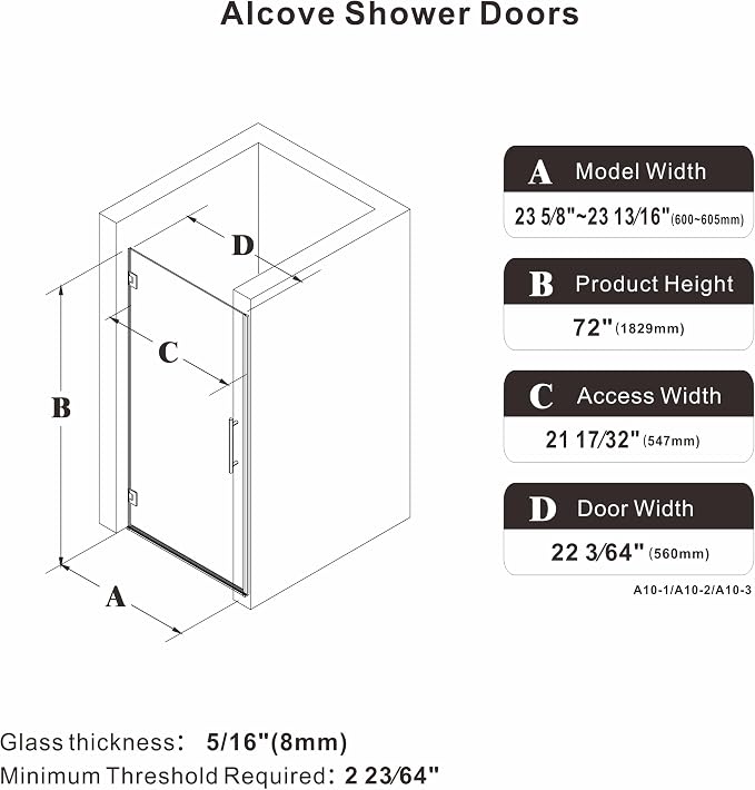 23.6-23.8" x 72" Frameless Hinged Shower Door, Single Swing Shower Panel - Image 8
