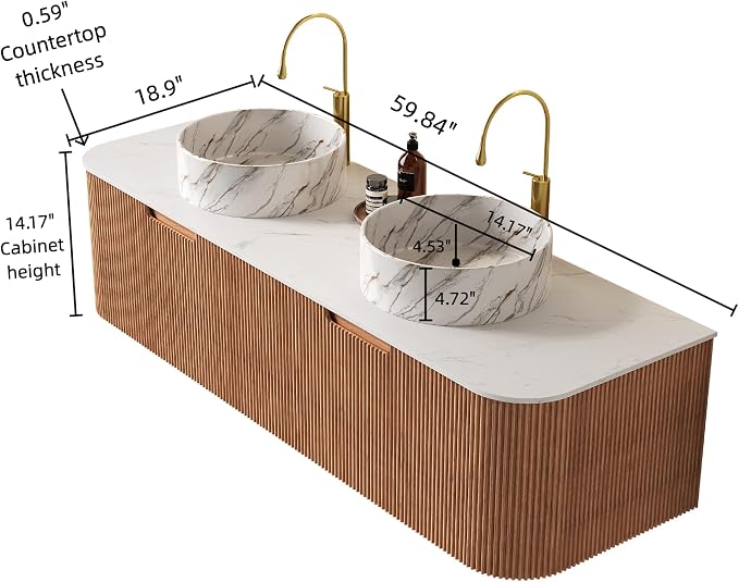 60" Floating Bathroom Vanity Without Sink, Marble Top, Solid Wood Surface and - Image 2