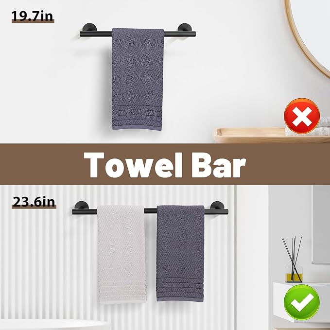 6 Pieces Matte Black Towel Bar Bathroom Hardware Set, 23.6Inch Matte Black - Image 3