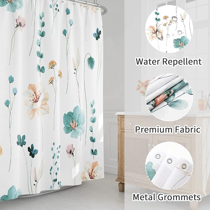Gibelle Extra Long Shower Curtain 72 x 84, Watercolor Floral Fabric Shower - Image 3
