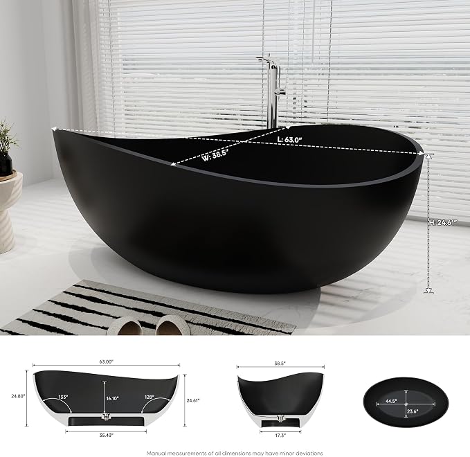 SJ STAR&JANE 63" x 38" Solid Surface Freestanding Bathtub, Oval Soaking Tub - Image 6