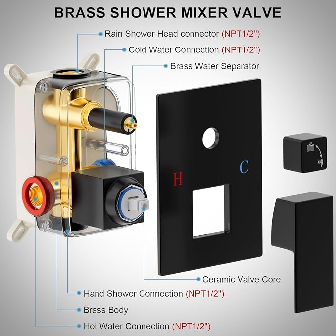 Black Shower Faucet Set, Rainfall Shower System - Image 6