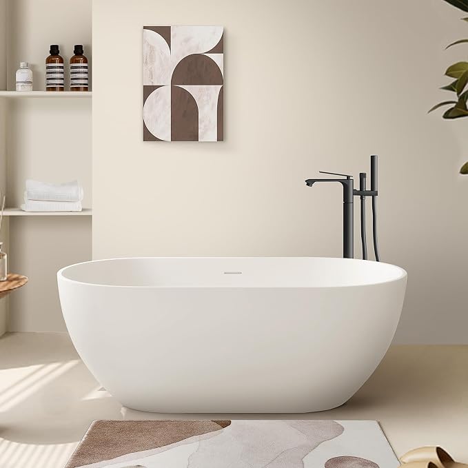 SJ STAR&JANE 59" Solid Surface Freestanding Bathtub, Matte White Oval Soaking by SJSTARJANE