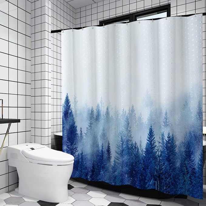 ORTIGIA Blue Misty Forest Shower Curtain Set, Nature Mountain Shower Curtain - Image 4