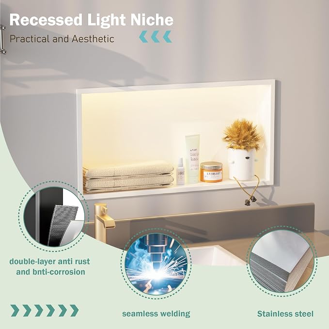 24"x12" Lighted Shower Niche ，Stainless Steel Waterproof Shower Storage - Image 6