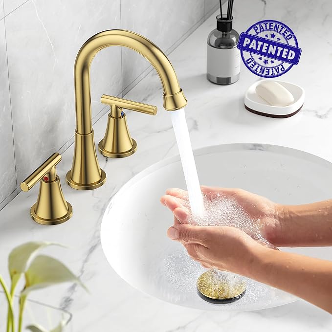 Bathroom Faucets for Sink 3 Hole, Hurran Brushed Gold Bathroom Sink Faucet - Image 3