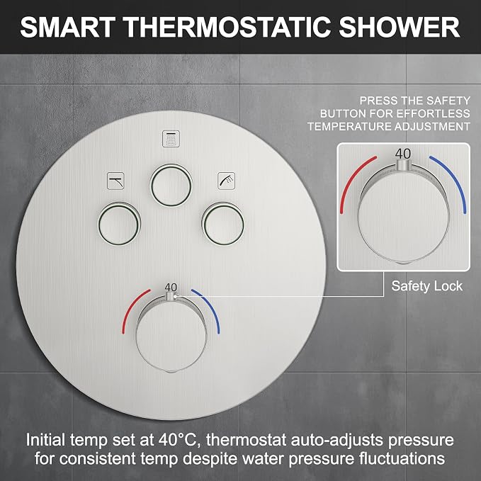 KOJOX Brushed Nickel Thermostatic Shower System, Push Button Diverter Shower - Image 5