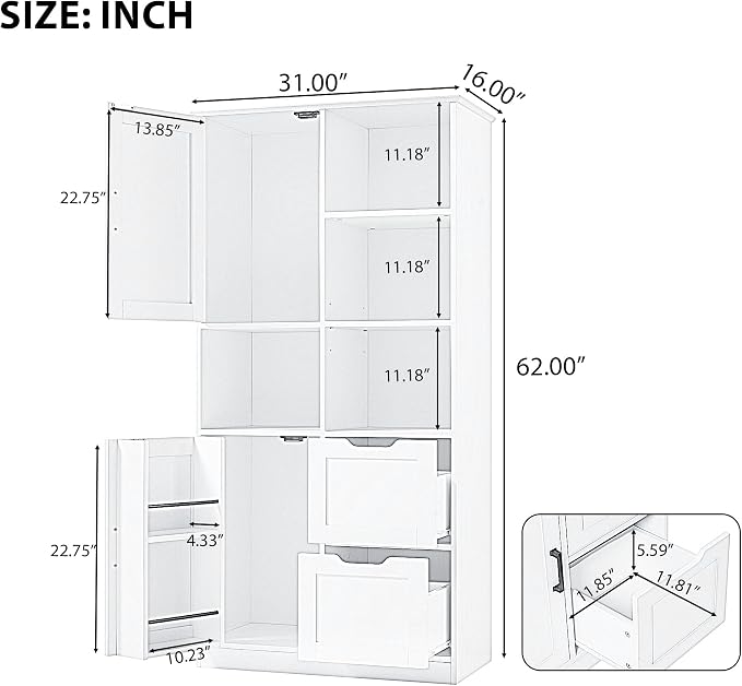 Tall Wide Storage Cabinet with 2 Doors, 2 Drawers, and Adjustable Shelves - Image 2