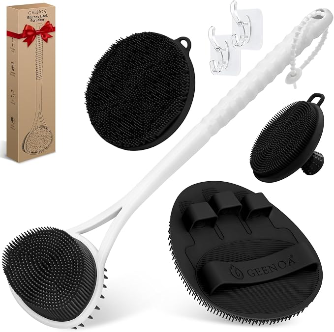 Silicone Back & Body & Face Scrubbers Set 4PCS, 15.35’’ Soft Back Scrubber by GEENOA