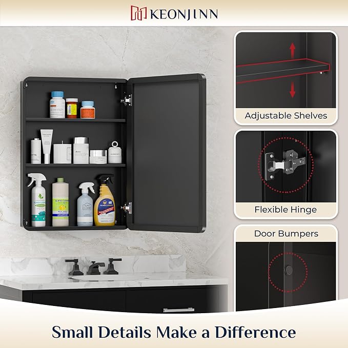 Keonjinn 20 x 32 Inch Black Mirrored Medicine Cabinet, Recessed Medicine - Image 7