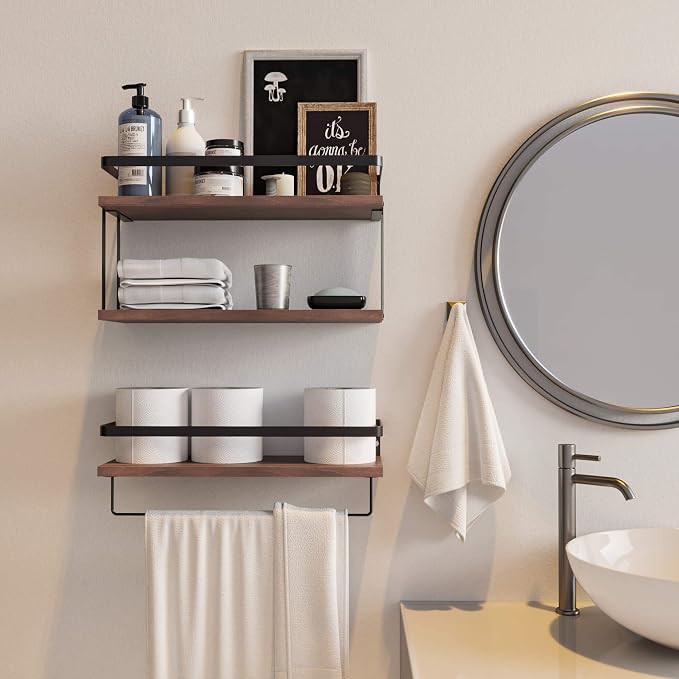 RICHER HOUSE 2+1 Tier Wall Mounted Floating Shelves Set of 2, Rustic Wood Shelf - Image 5