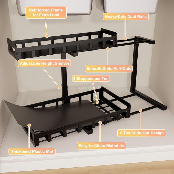 Under Sink Organizer, Metal Large Capacity 2-Tier Sliding Cabinet Storage Rack - Image 3