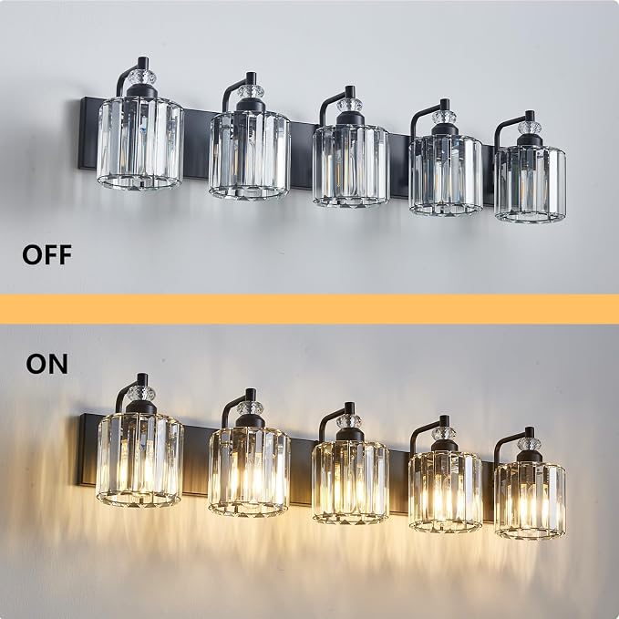 5-Light Black Bathroom Light Fixtures Over Mirror Modern Vanity Lights Crystal - Image 6
