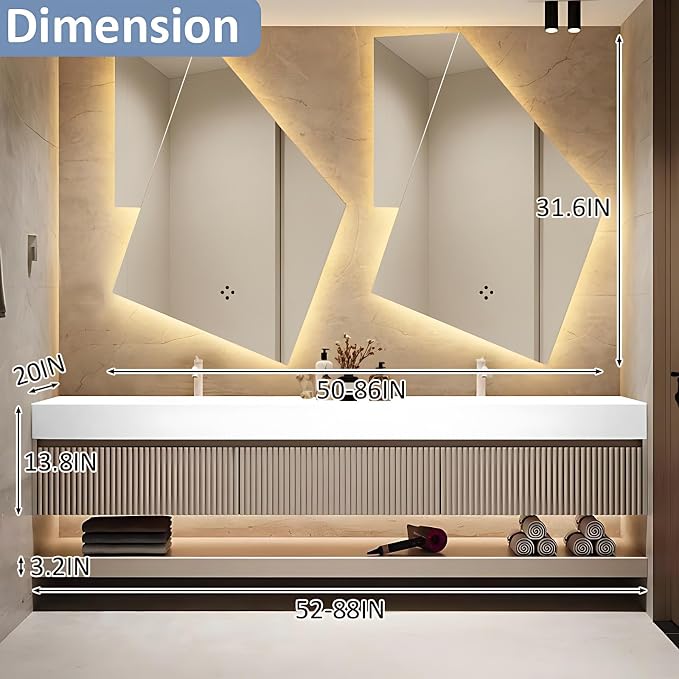 Double Basin Floating Bathroom Vanity, LED Defogging Mirror, Striped 3 Drawers - Image 2
