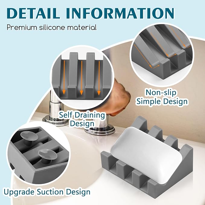 Silicone Soap Dish with Drain, Upgrade Double Suction Cups at The Bottom - Image 3