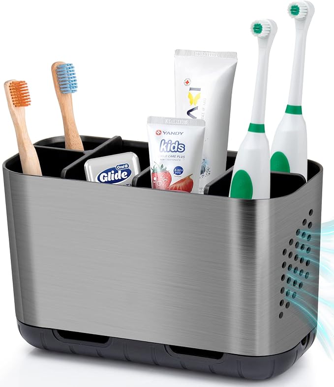 Boperzi Toothbrush and Toothpaste Holder Brushed Nickel Drainage by Boperzi
