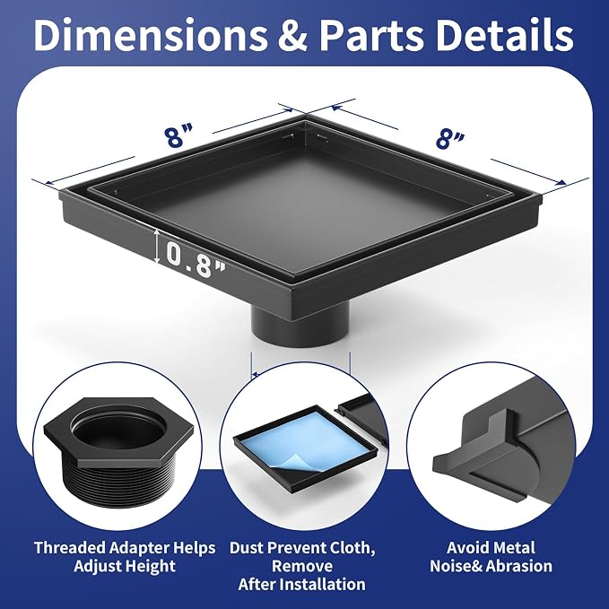 Square Shower Drain 8", Matte Black Floor Drain - Image 2