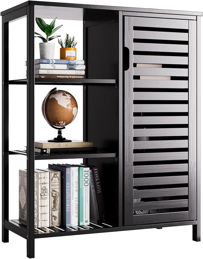 HITNET Black Bathroom Cabinet, Freestanding Storage Cabinet Bamboo Kitchen by HITNET