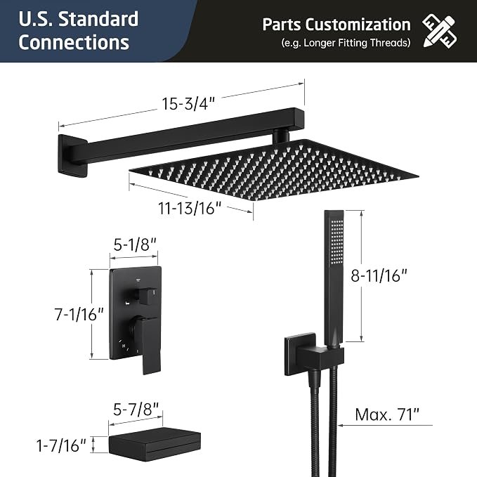 KES Black Shower Faucet Set Complete, 12 Inch Rainfall Shower Head - Image 6