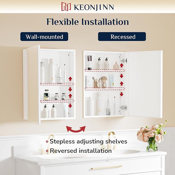 Keonjinn 16 x 24 Inch White Medicine Cabinet Mirror, Assembly Required - Image 5