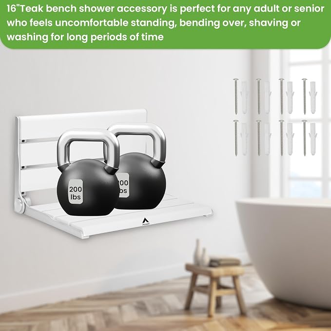 Wall Mounted Shower Seat – 16IN Teak Fold Down Shower Seat - Image 4