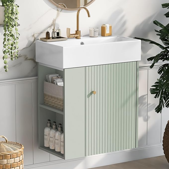 Merax 20" Green Bathroom Vanity, Wall Mounted Floating Vanity - Image 8