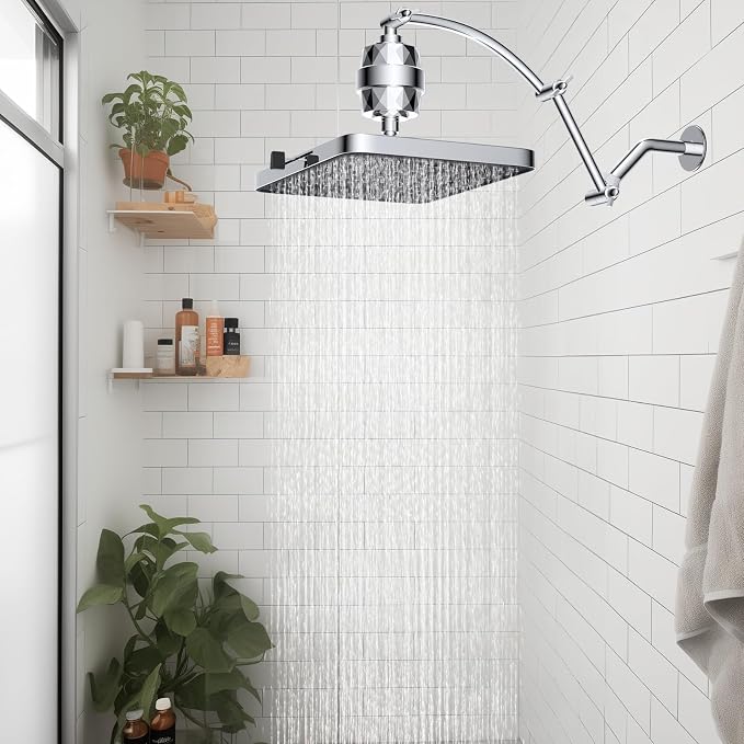Hibbent Rain Filtered Shower Head, Solid Brass Adjustable Shower Arm Extender - Image 8